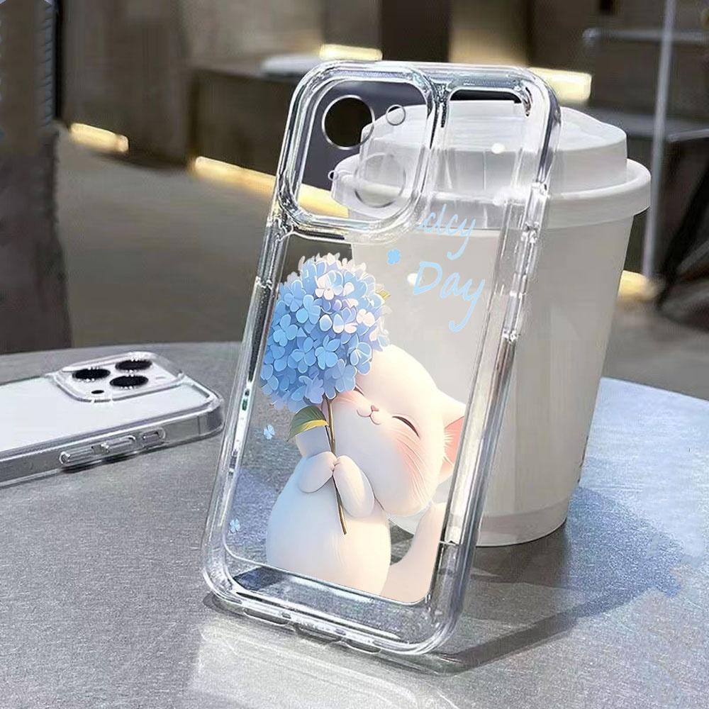 Cute Cat Hydrangea Protective Phone Case For iPhone 17 Air 16 16e 15 13 12 11 Pro Max Pro Plus Soft Anti-Scratch Funda Cover