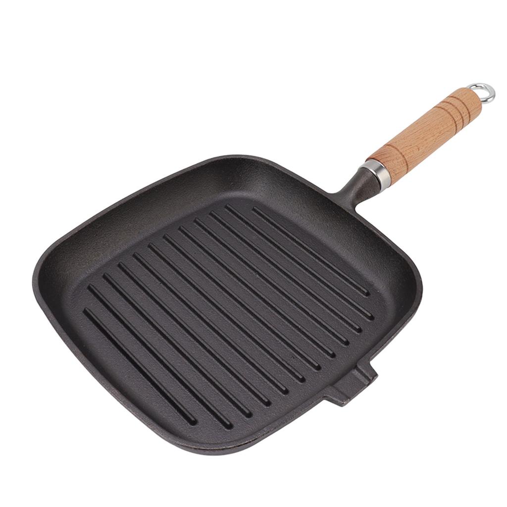 Cast Iron Skillet with Wooden Handle Square Uncoated Nonstick Cast Iron Grill Pan for Meats Steak Fish
