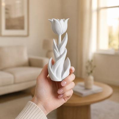 3D Printed Tulip Figurine, Solid White Flower Statue, Integrated Molding Decorative Ornament, Sturdy Art Decor for Bedroom Study Desktop Entrance,