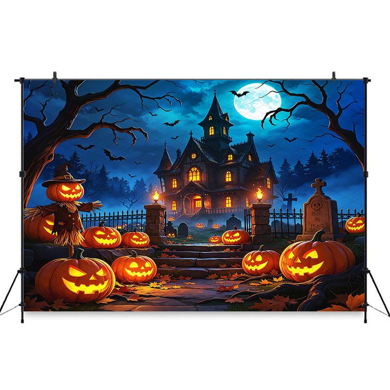 Mocsicka Halloween Haunted House Photography Backdrop Spooky Jack-O-Lantern Pumpkin Tapestry Wall Full Moon Graveyard Background Cotton-180x120cm