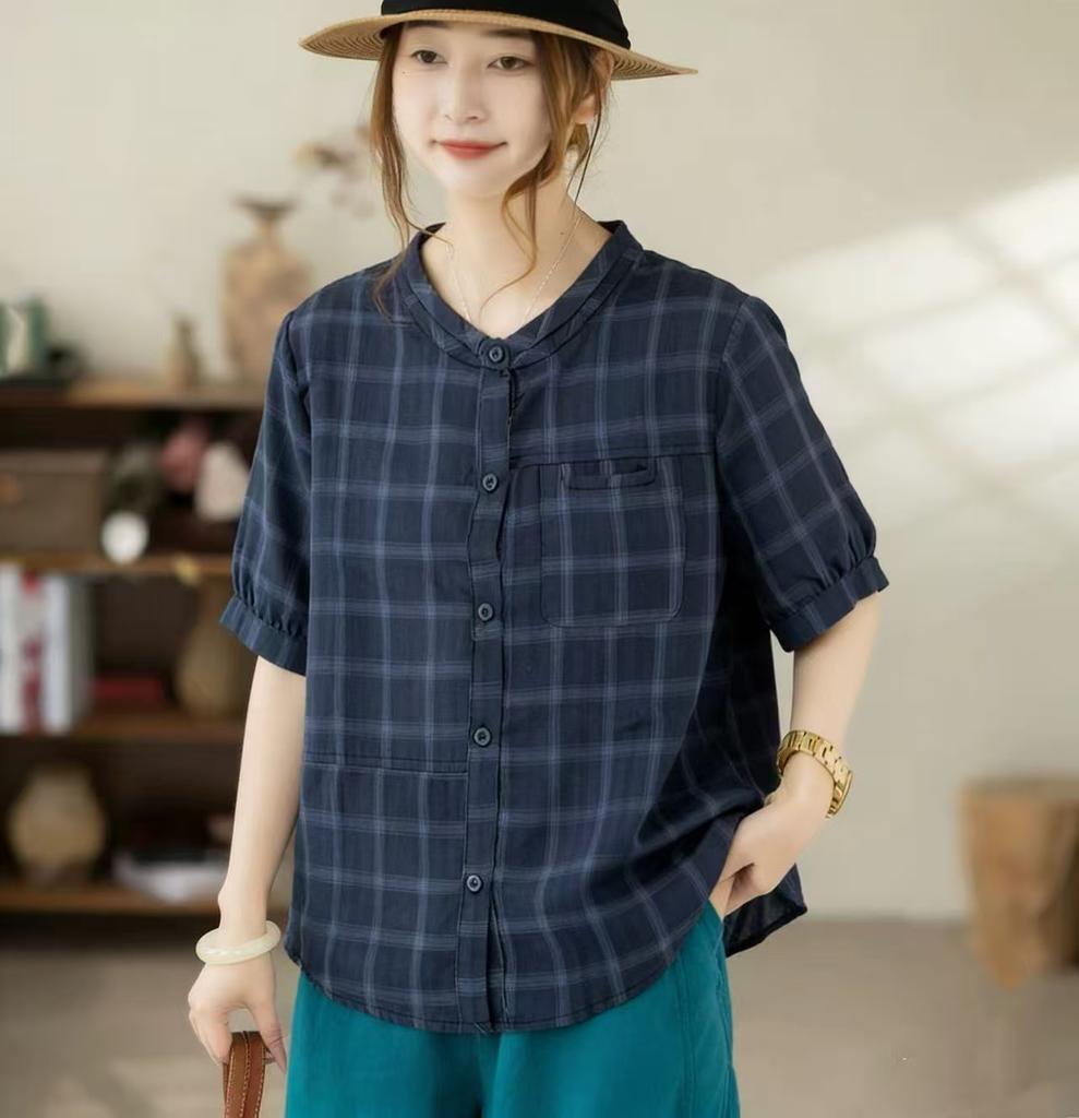DIMANAF 2026 Plus Size Summer Women Blouse Shirts Tunic Oversize Loose Casual Cotton Lady Tops Vintage Plaid