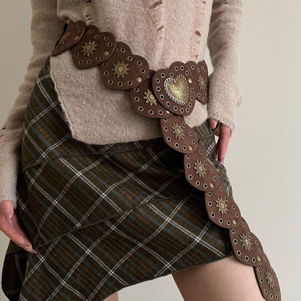 Wide Heart Belts Metal Cowboy Waistband Personality Metal Rivet Belts  Waist Accessories