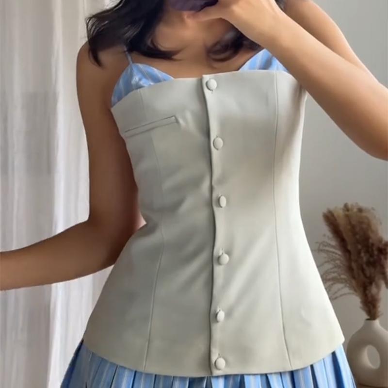 Patchwork Contrast Color Dress Pleated Hem Women Slim Sweet Strap Single Breasted Dresses Blue Y2K College Style 2025 Summer