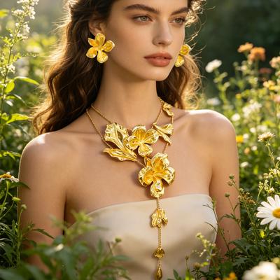 Gold Plated Alloy Carved Flower Necklace Earrings For Women Y-Shape Floral Pendant Jewelry Set Trendy Party Wedding Accessory