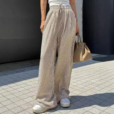 Striped Printed Wide Leg Pants Casual Drawstring Waist Pocket Loose Spring Summer Long Pants Women Korea Fashion Design Mature Pants