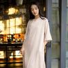 Women Chinese Style Stand Dresses Solid Color Seven Sleeve Button Vintage Soft A-Line Dresses