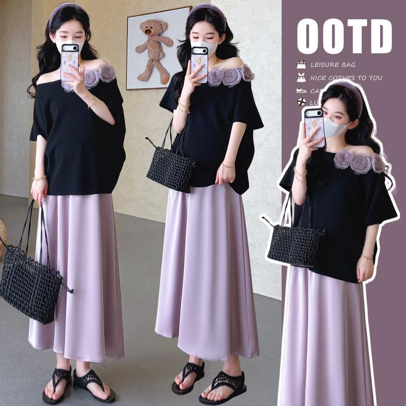 In-Stock Summer 3D Floral Off-Shoulder Top & Belly Support Midi Skirt Maternity Set 2XL