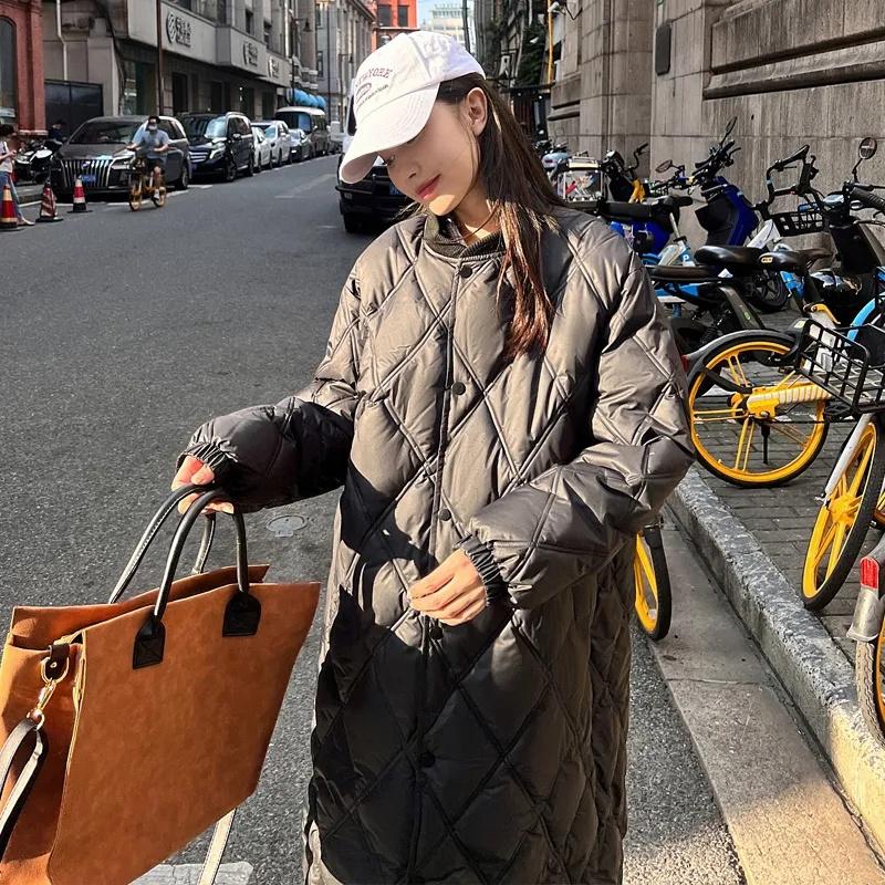 Autumn Winter Down Cotton Jacket Women's Long Over Knee Loose Jacket Diamond Grid Quilted Jacket Fake Two-Piece Parka