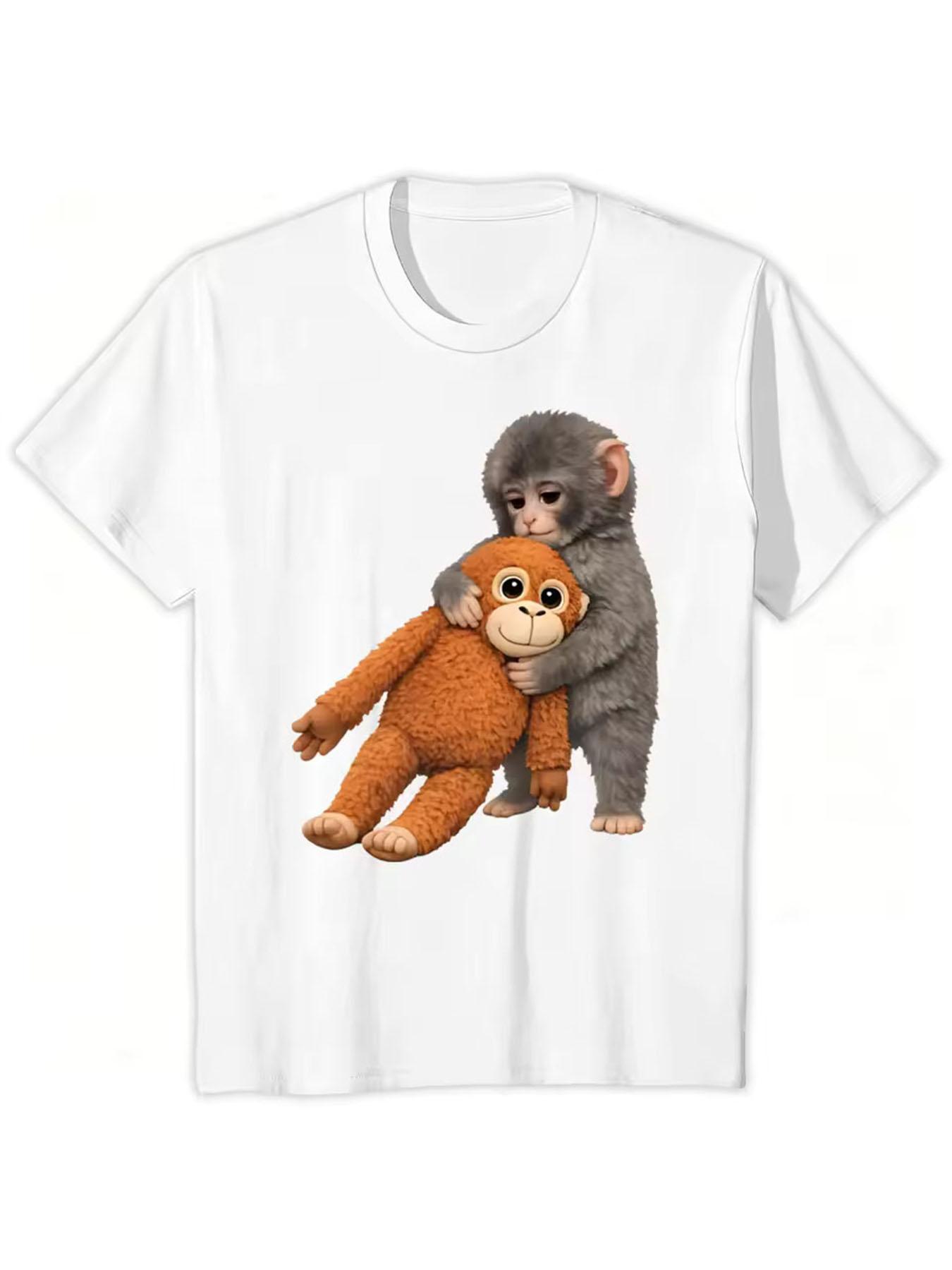 Funny Team Punch Monkey Graphic O Neck Tee Shirt, Baby Monkey Holding Tee Shirt Short Sleeve Plus Size Tops S