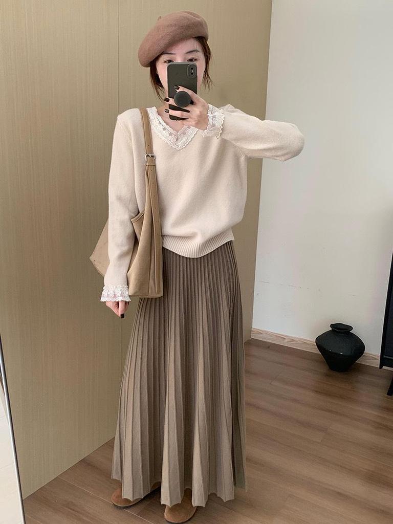 2025 Winter Women's High-Waisted Pleated Knit Midi Skirt - Korean Style, Versatile & Casual