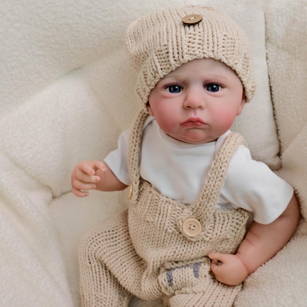 Lifelike 48cm Reborn Babies Doll Cameron Full Vinyl Body Simulation Doll Wear Khaki Knitted Overalls Realistic Newborn Baby Doll for Kid Holiday Gifts