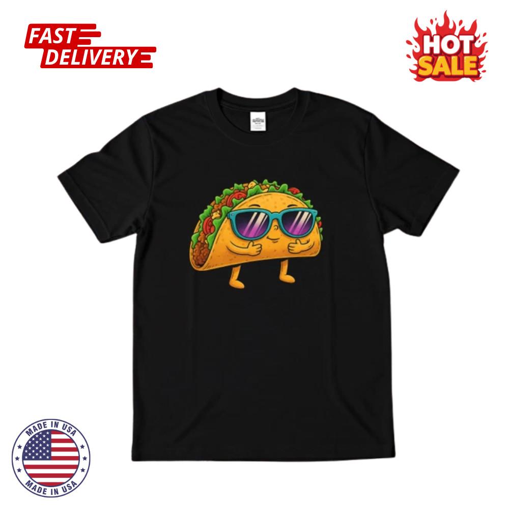 Cool Taco Inspired T-Shirt Funny Food Graphic Shirt with Sunglasses Cartoon Taco M