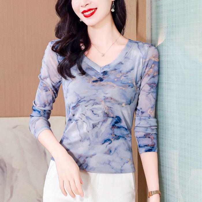 

Топ с V-образным вырезом и длинными рукавами, прилегающего силуэта, с сетчатым принтом, для женщин, осень/зима 2024 L (recommended 100-110 jin)