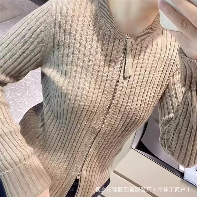 Knitted Knit Sweater with Zipper Slim Fit Sweater Early Autumn Women's Top Round Neck