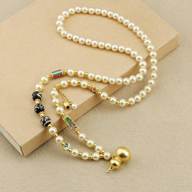 

Best Selling Retro Disc Pendant Imitation Pearl Necklace Female New Chinese Style Long Sweater Chain Accessible Luxury High Grade Ornament Caitianzhu gourd Imitation Pearl Champagne