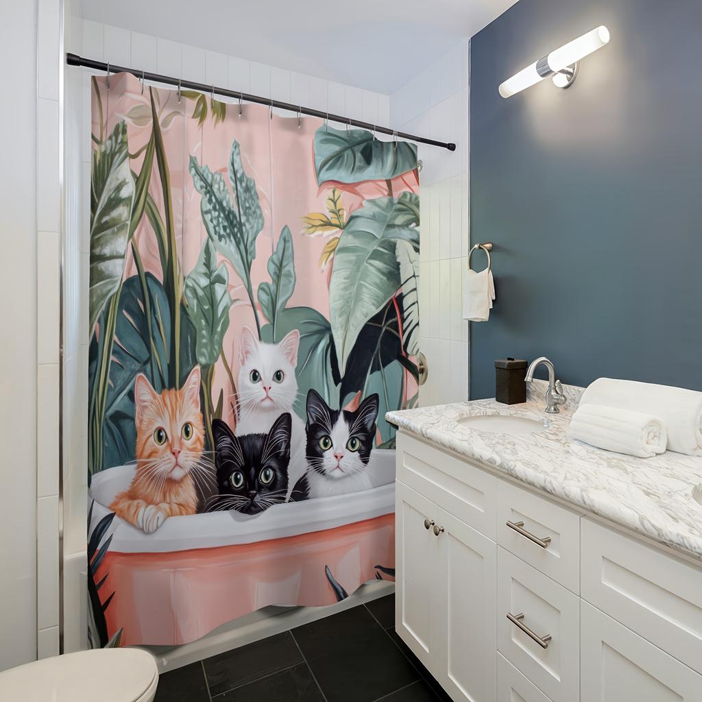 Tropical Leaves And Kittens Shower Curtain - Digital Print Polyester, Machine Washable, Woven Knit Fabric, All-Season Bath Decor