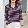 Women's Striped Long-Sleeve Polo Top in Pure Cotton