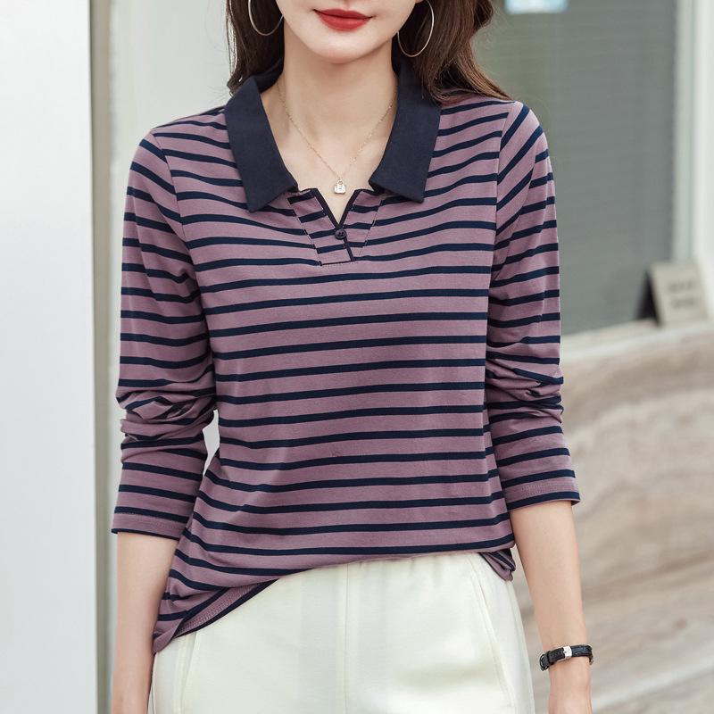 Women's Striped Long-Sleeve Polo Top in Pure Cotton