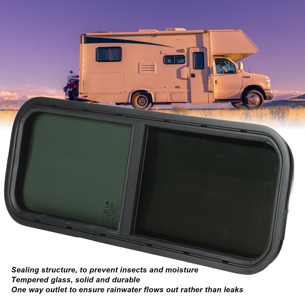 900x300mm Round Angle Sliding RV Window Black Tempered Glass Shade Window for Camper Trailer