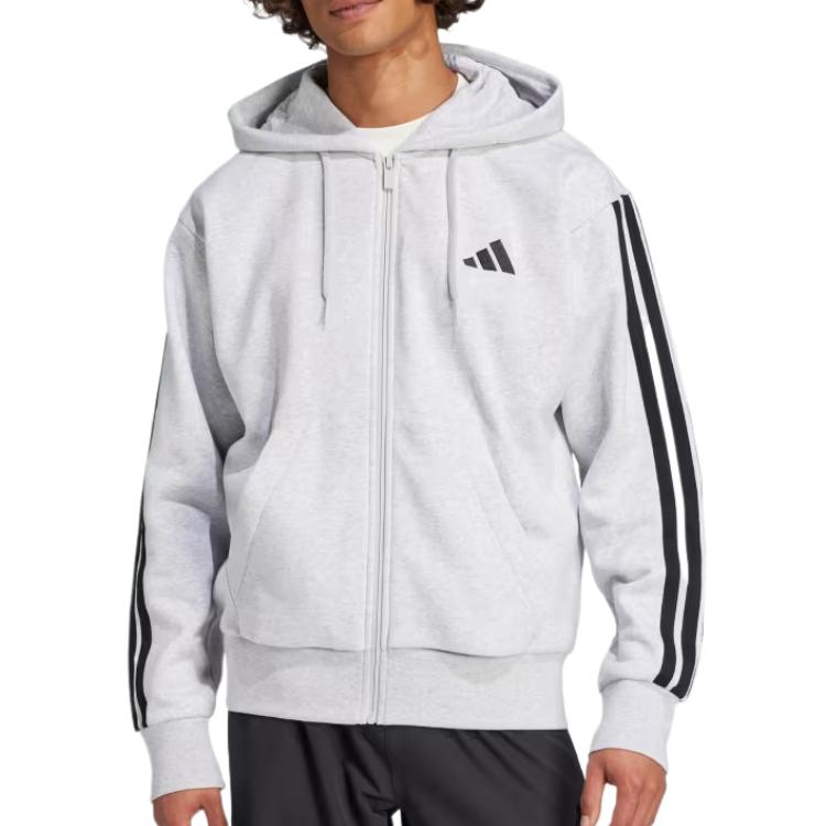 Adidas Essentials 3-Stripes Comfortable Logo Hooded Oversized Long Sleeve Jacket Men jackets Light-Gray-Mix Black JD1863