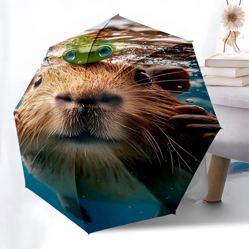 Capybara Themed Travel Umbrella 8 Ribs Automatic Opening and Closing, Portable Folding Design, Compact and Stylish Umbrella Suitable for Out