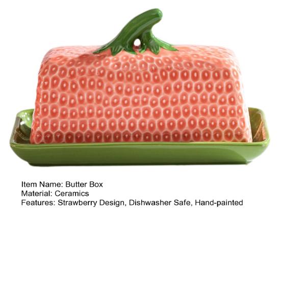Butter Dish with Lid Strawberry-Shaped Ceramic Butter Keeper Microwave & Dishwasher Safe Butter Storage Container Hand-Painted Kitchen Serving Tray