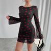 Women Evening Party Flare Sleeve O Neck Bandage Backless Mesh  Love Heart Printed Package Hip One Piece Dress
