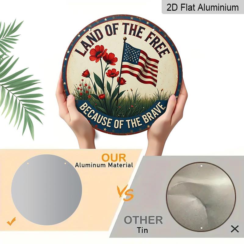 2D Flat, 1Pc Round Patriotic Aluminum Wall Art Sign - American Flag & Floral Design, "Land of the Free" Text, Easy To Hang with Pre-Drilled Holes