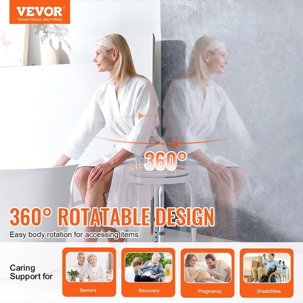Shower Chair 360 Degree Rotating, Adjustable Height Shower Stool Seat, Bath Chair for Inside Shower or Tub, Non-Slip Bench Bathtub Seat Stool for