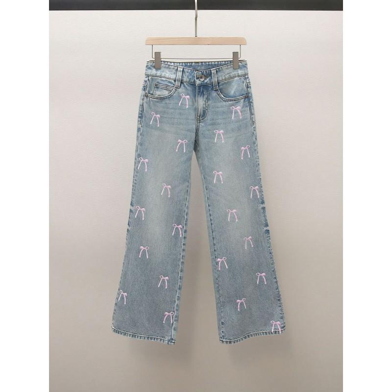 Womens High-Waisted A-Line Denim Pants With Bow Detail Pink Casual Chic Trousers Style