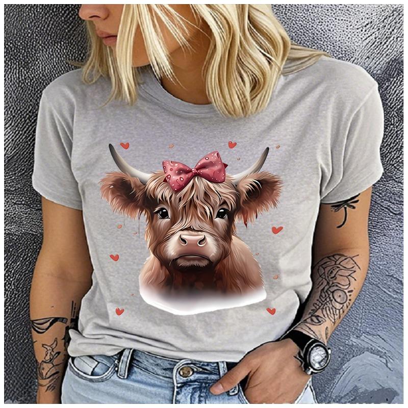 Women's Belted Cow Print Base T-shirt Loose Round Neck Casual Short Sleeve Fashion Top Wholesale Clothing Summer