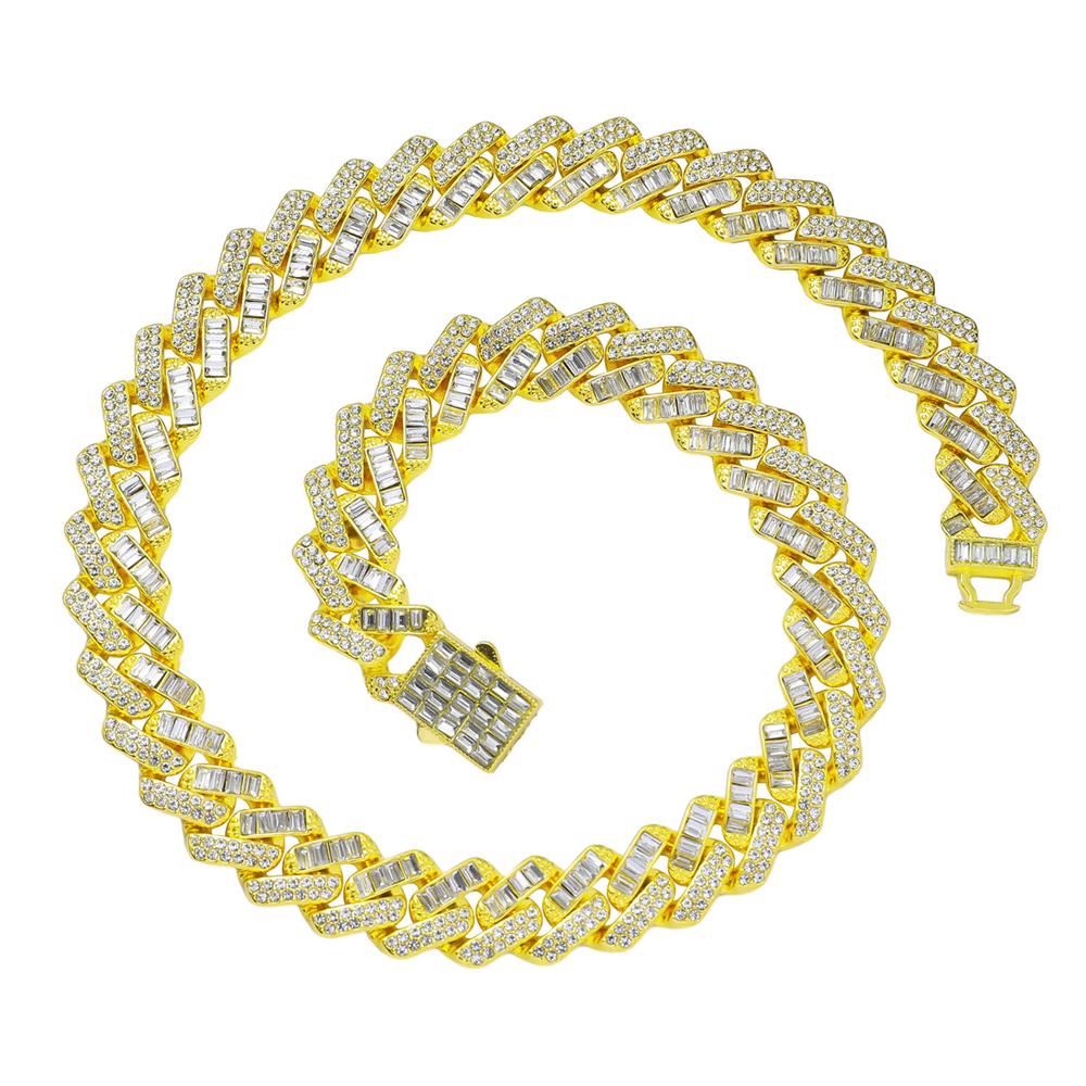 Hip Hop 15mm Chain Baguette Stones Iced Out Rapper Necklace For Men Women Miami Cuban Chain Bracelet Fashion Charm Jewelry Gift