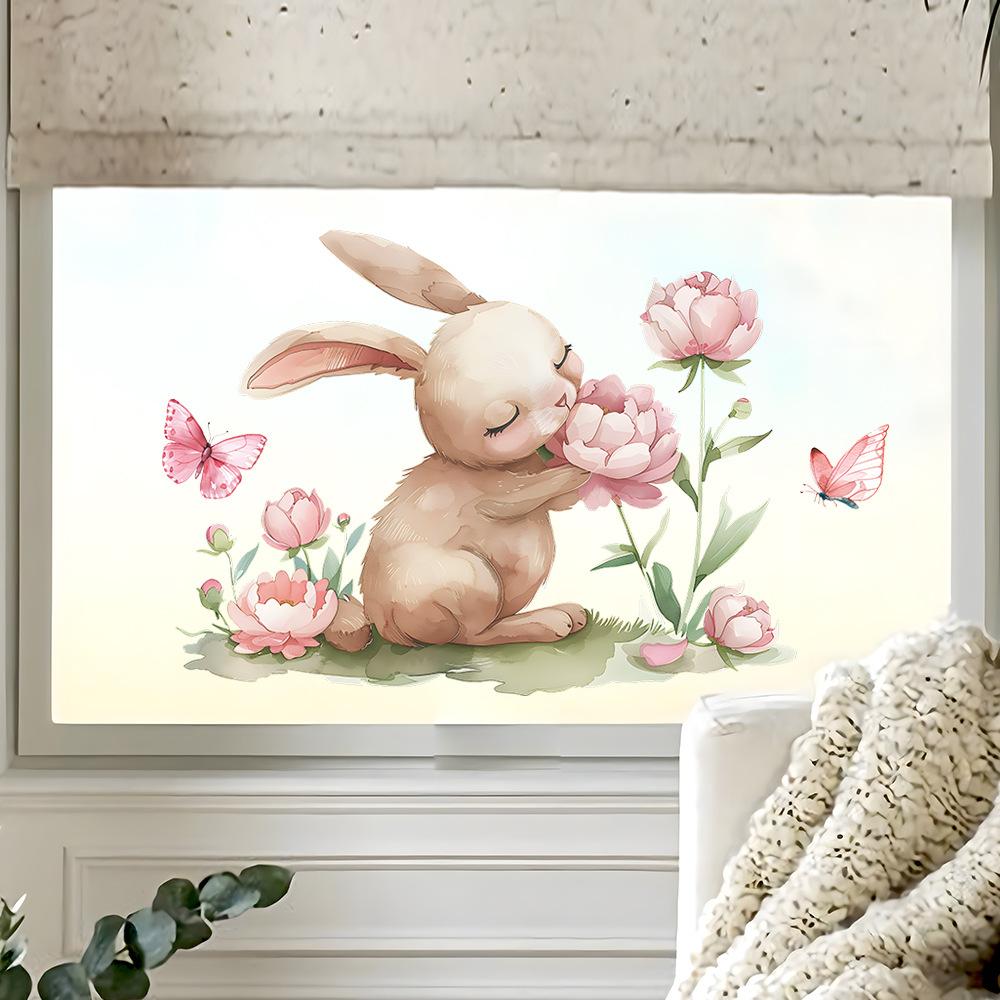 Ostern Aquarell Cartoon Hase Blume Statisch Haftend UV Fensteraufkleber Selbstklebend für Glasfen Heimdekoration
