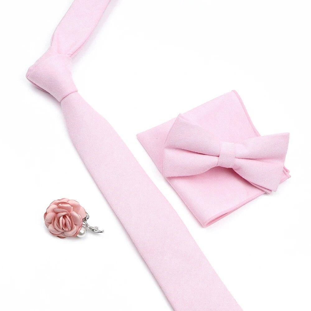 Solid Color Cotton Necktie Set For Men Tie 4pcs Hanky Cufflinks Rhinestone FLoral Brooch Tie Set