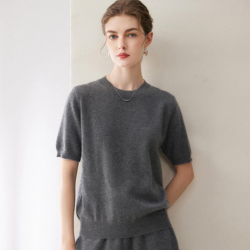 Twelve-Needle Women's Solid Cashmere Knit Pullover: Flat Round Neck, Short-Sleeved, Versatile Design