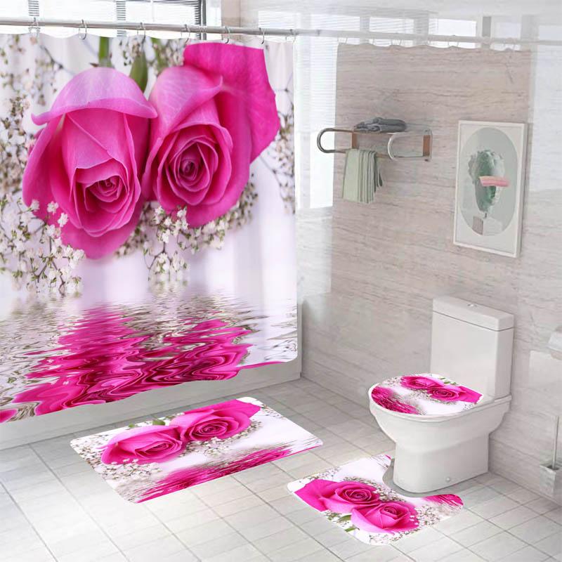 Rose Flower Shower Curtain Set Non-Slip Rugs Bath Mat Toilet Lid Cover And 12 Hooks Waterproof Polyester Bathroom Home Decor