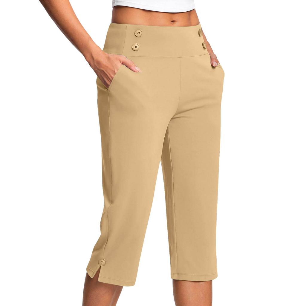 Women's High Waist Straight Leg Capri Pants Casual Solid Color Yoga Cropped Trousers
