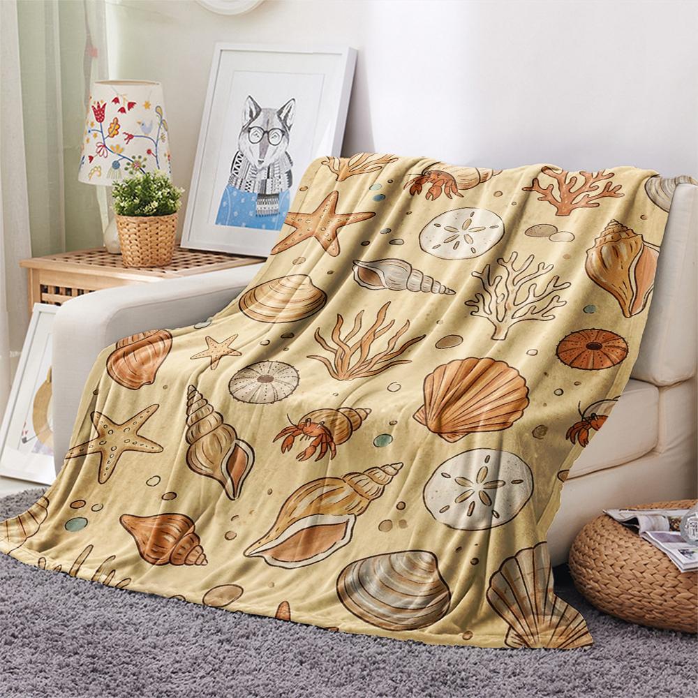 1PC Summer Beach Print Flannel Blanket, High quality All Seasons, Home Decor, Warmth and Comfort, Perfect for Christmas Gifts