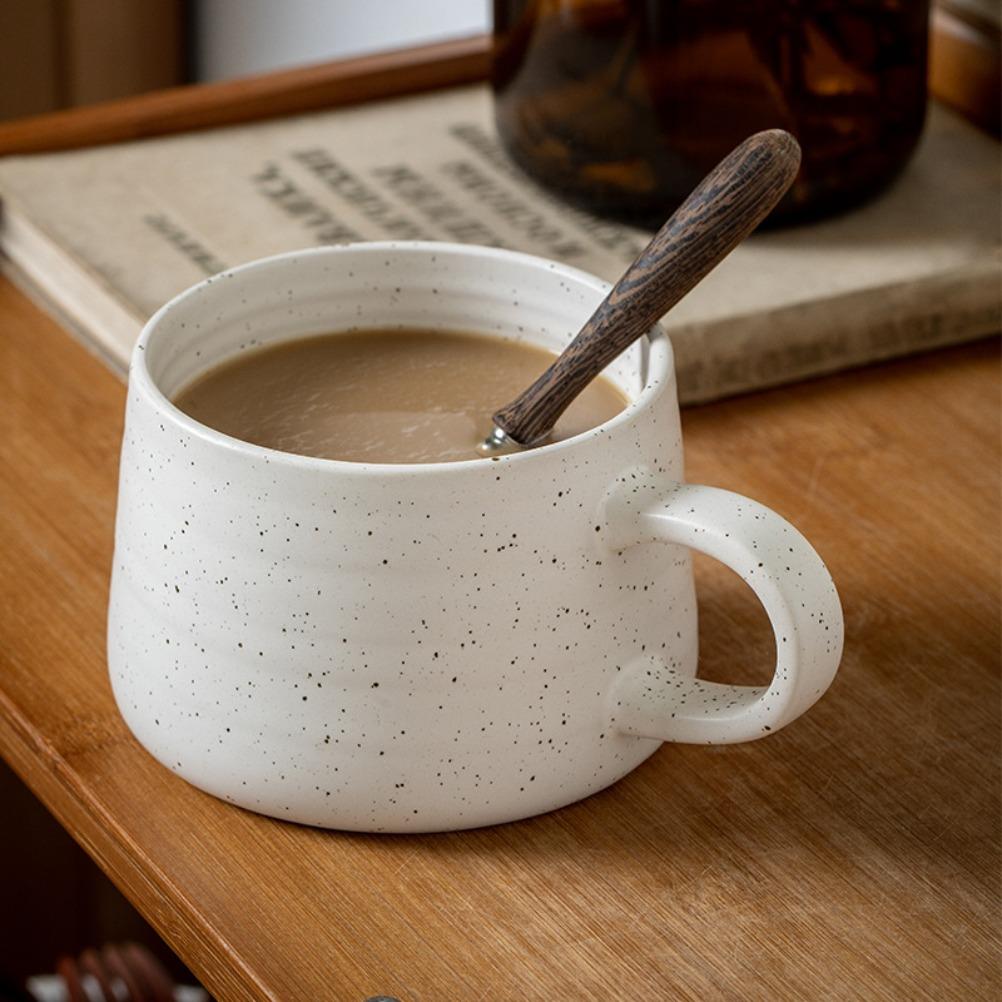 Nordic Sesame Glazed Coffee Cup Simple Ceramic Mug Breakfast Milk Mug Spoon with Lid Retro Large Capacity Oatmeal Cups