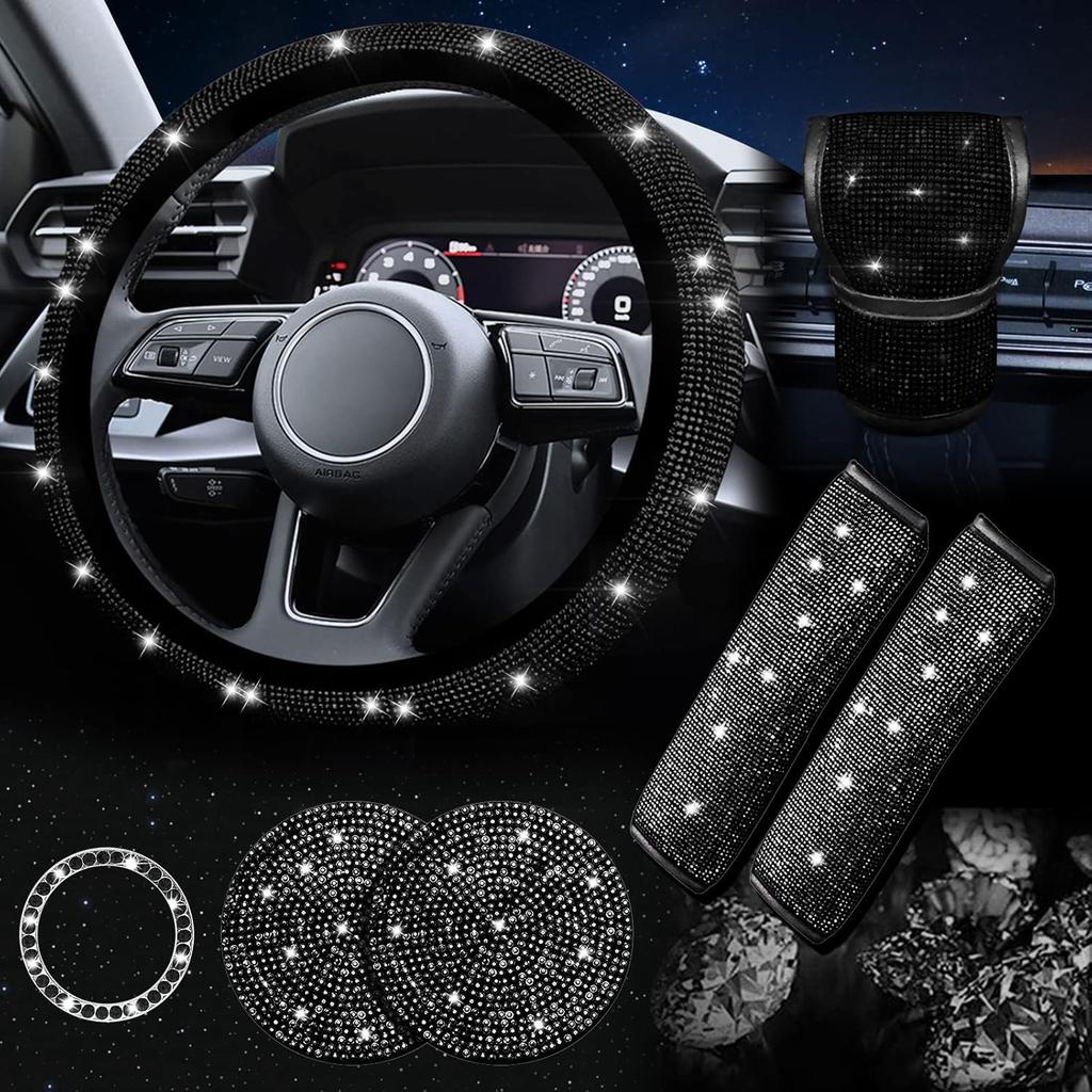 7Pcs/Set Shiny Rhinestones Car Steering Wheel Safety Belt Shifter Cover Cup Mat Start Button Ring Kit