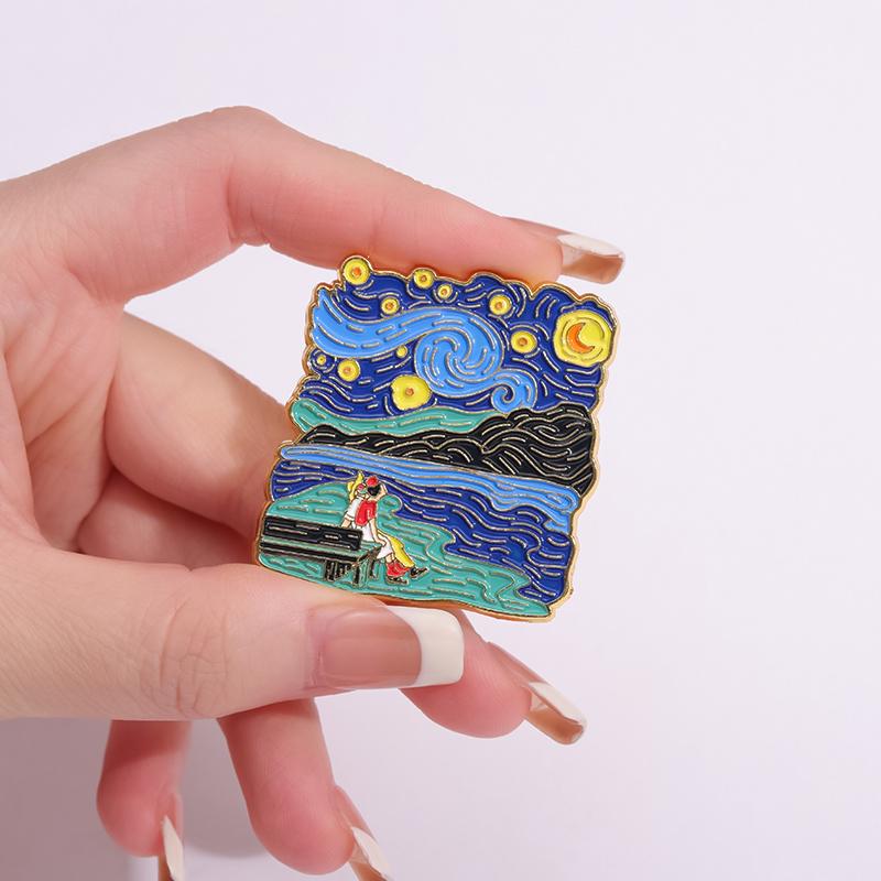 Art Oil Painting Enamel Pins Custom Night Starry Sky Brooches Lapel Badges Punk Gothic Animal Jewelry Gift for Kids Friends