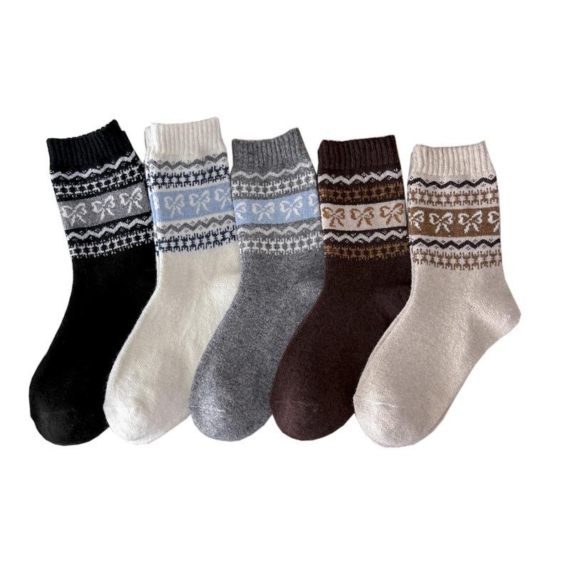 Winter and Autumn Wool Socks - Children's Fel Island Bow Tie Mid-length Socks, Warm and Retro Marbled Ribbed Pile Socks