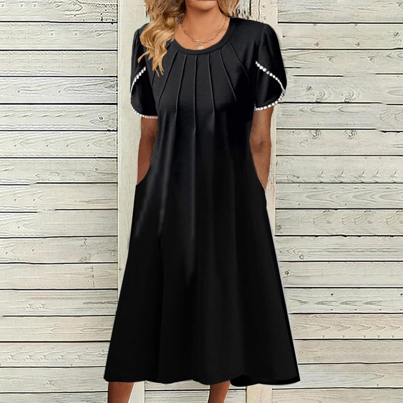 

Женская мода однотонное платье с круглым вырезом со скидкой и кружевными рукавами, карманное платье миди XL чёрный