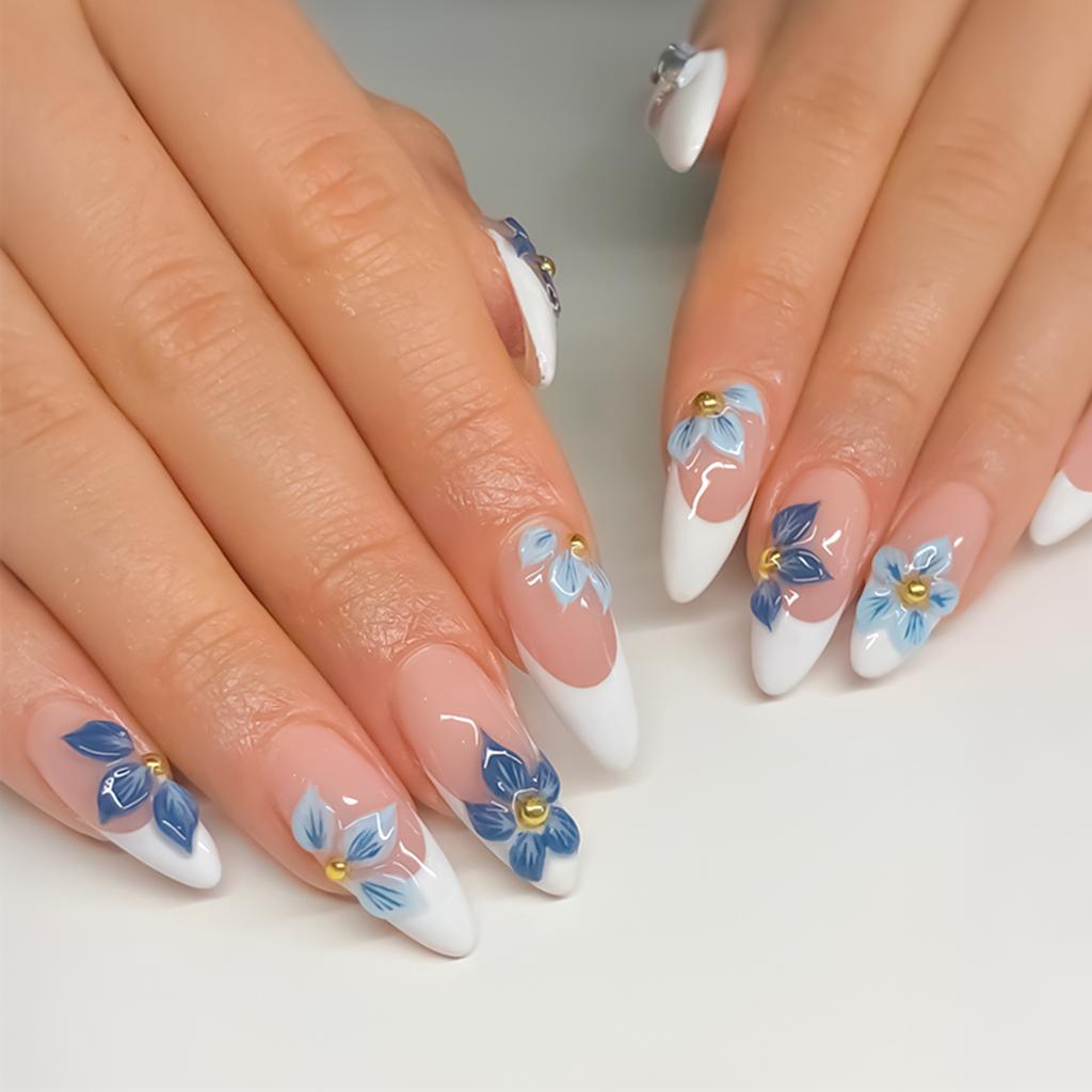 24Pcs French Embossed Flower Faux Nails Press ON Nails Women Daily Wear Wearable False Nails Wearable Artificial Woman Nail Tips