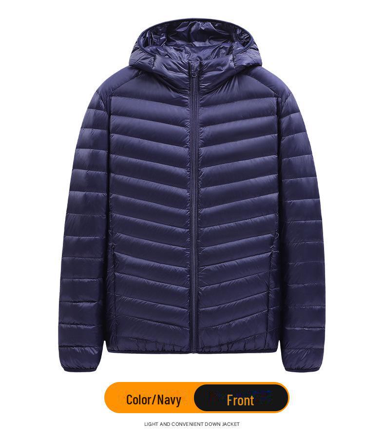 Men's Lightweight Hooded Down Jacket - Short Stand-Up Collar, Casual and Warm for Winter