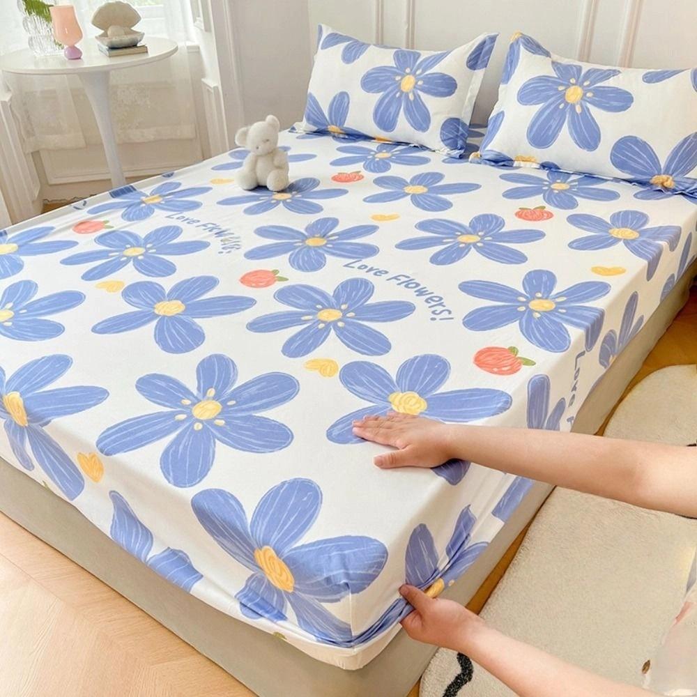 

Strawberry&Floral Prints Fitted Sheet Dust Mite Proof Bed Sheets And Pillowcases Set Bed Wrap 120*200cm синій
