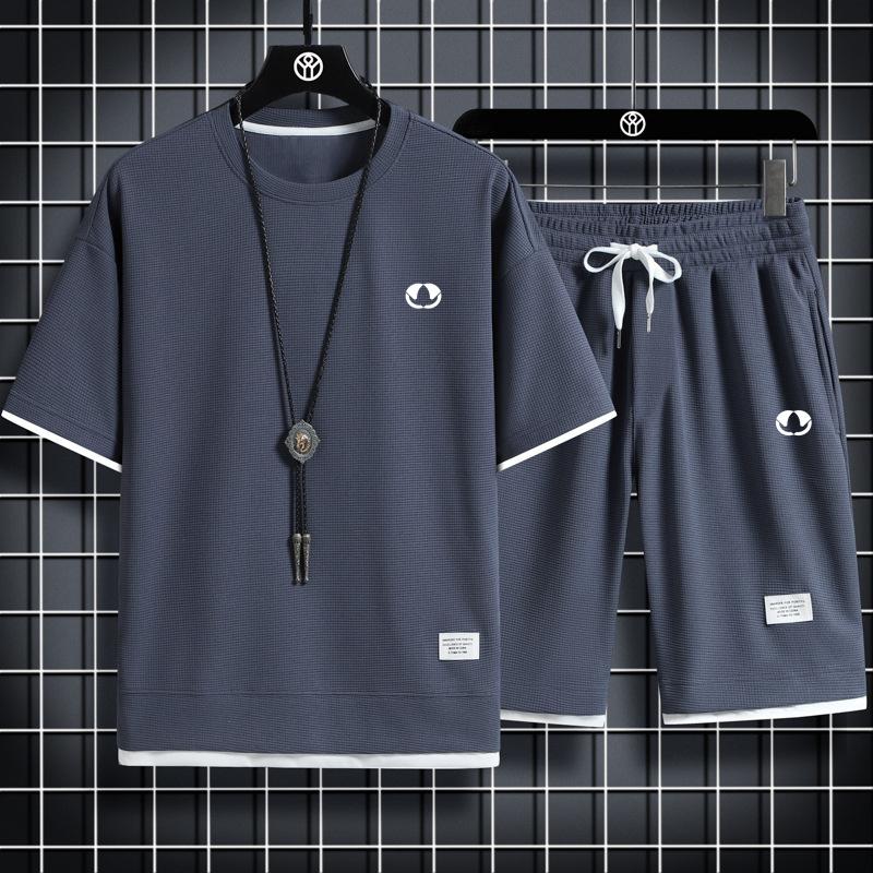 

Летний шортовый комплект, вафельная футболка с коротким рукавом, для улицы, для дома, мужская повседневная мода 3XL темно-синий