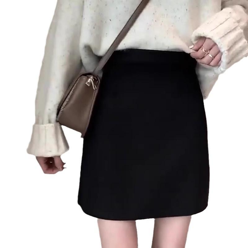 Women's High Waist Wool Blend A-Line Black Skirt - 2024 Petite Midi Bodycon, Anti-Exposure, Versatile for Autumn/Winter