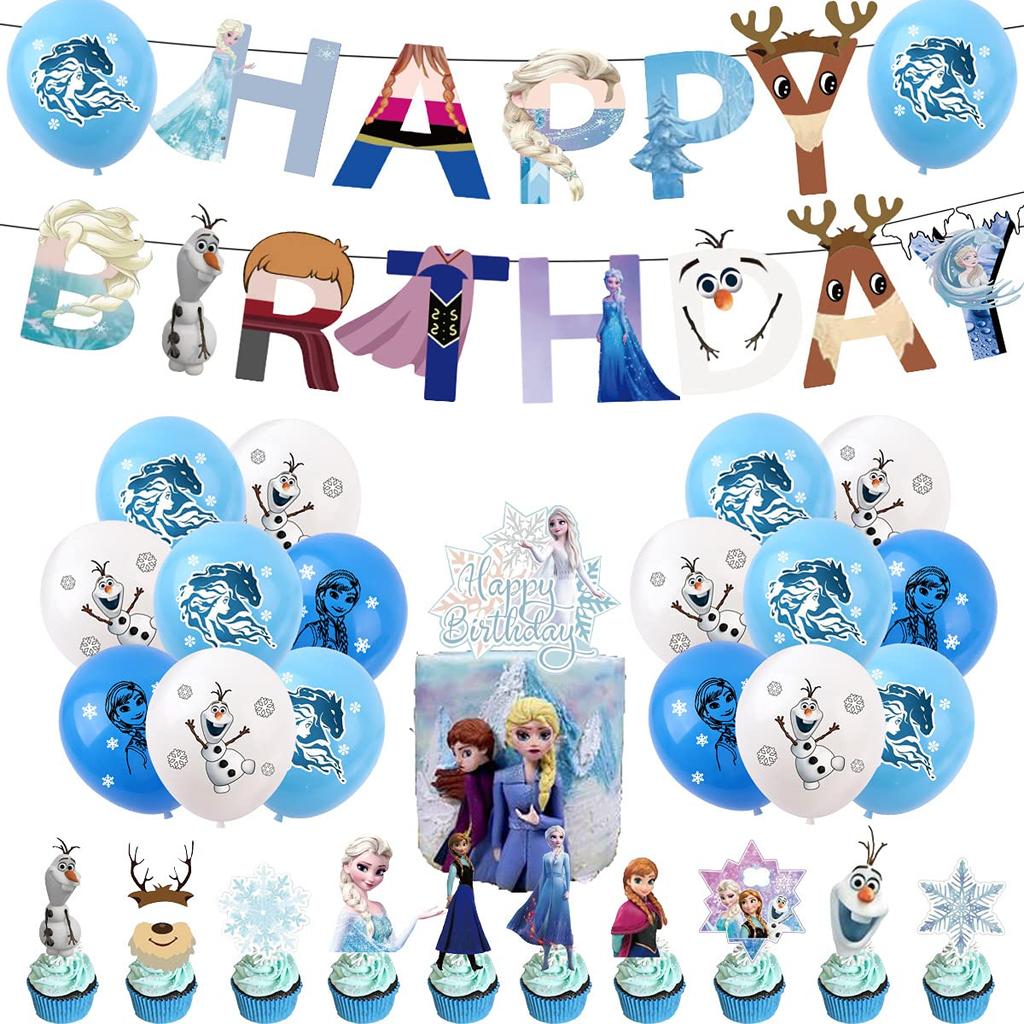 Frozen Birthday Decorations Party Set for Kids and Girls, Disney Characters 7, Princess, Olaf, Cute Blue and White Balloons, Happy Birthday Banner,