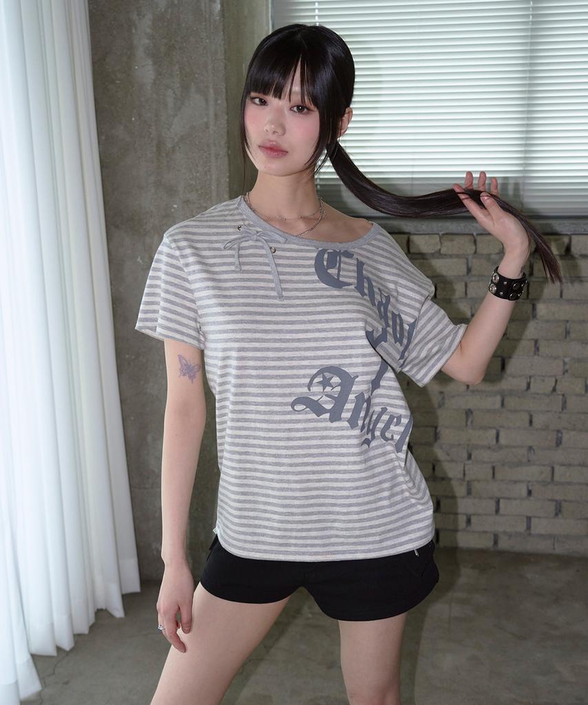 PRENDA Ribbon Tie Eyelet Striped Tee Ivory